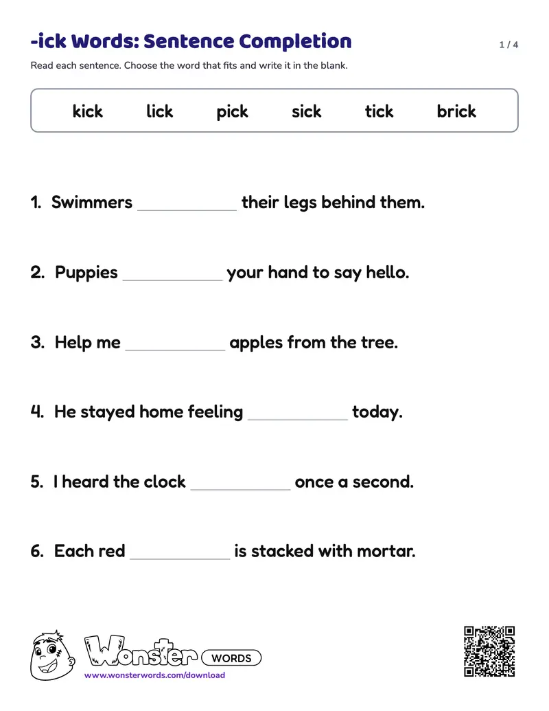Page 1 of the -ick Words: Sentence Completion worksheet (4 pages): 9 sentences, answer key included