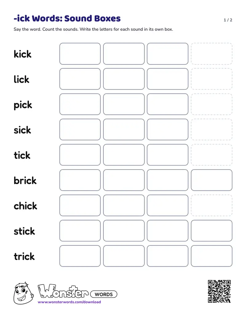 Page 1 of the -ick Words: Sound Boxes worksheet (2 pages): 9 words, answer key included