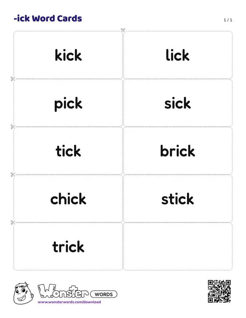 The -ick Word Cards worksheet: 9 cards