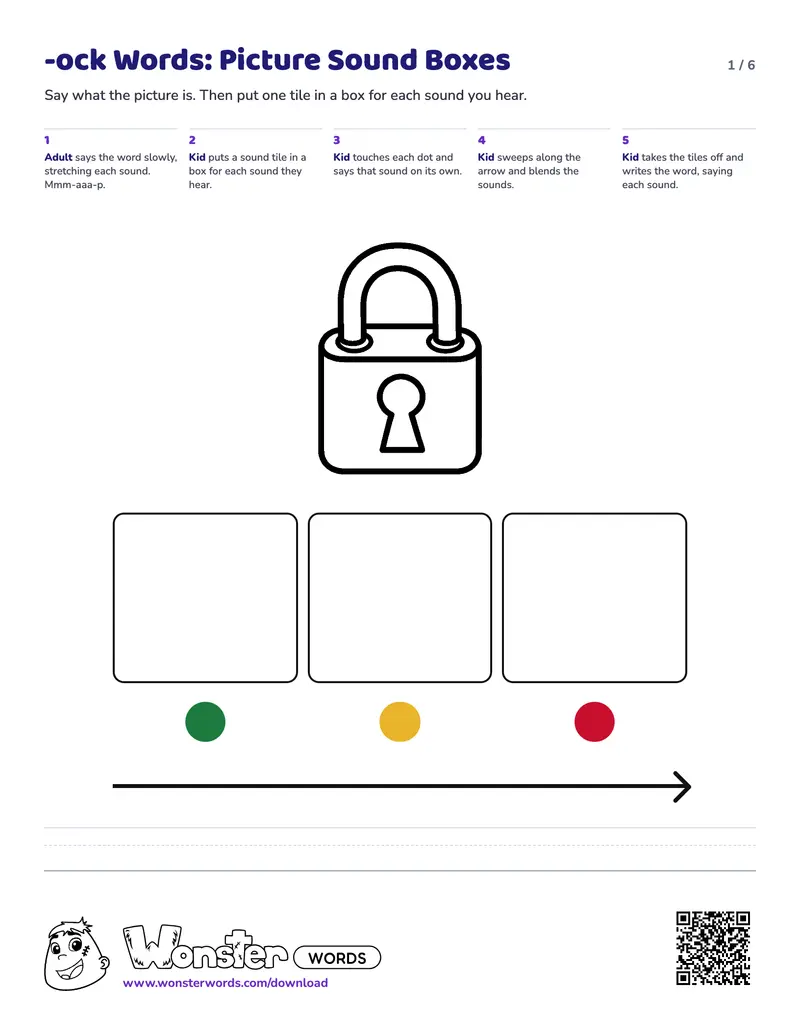 Page 1 of the -ock Words: Picture Sound Boxes worksheet (6 pages): 3 picture mats, answer key included