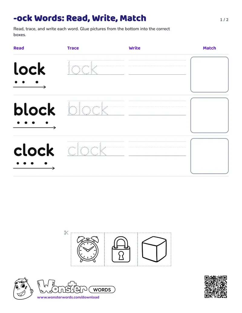 Page 1 of the -ock Words: Read, Write, Match worksheet (2 pages): 3 words, answer key included