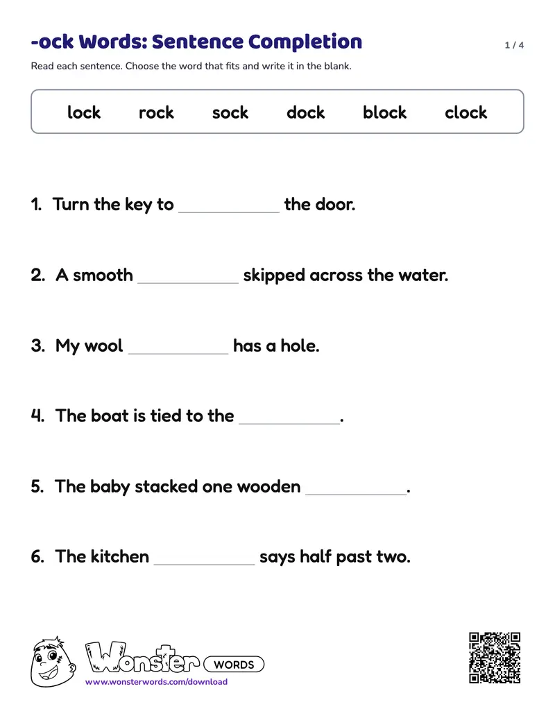 Page 1 of the -ock Words: Sentence Completion worksheet (4 pages): 8 sentences, answer key included