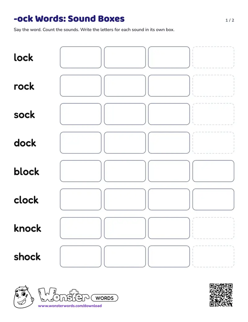 Page 1 of the -ock Words: Sound Boxes worksheet (2 pages): 8 words, answer key included