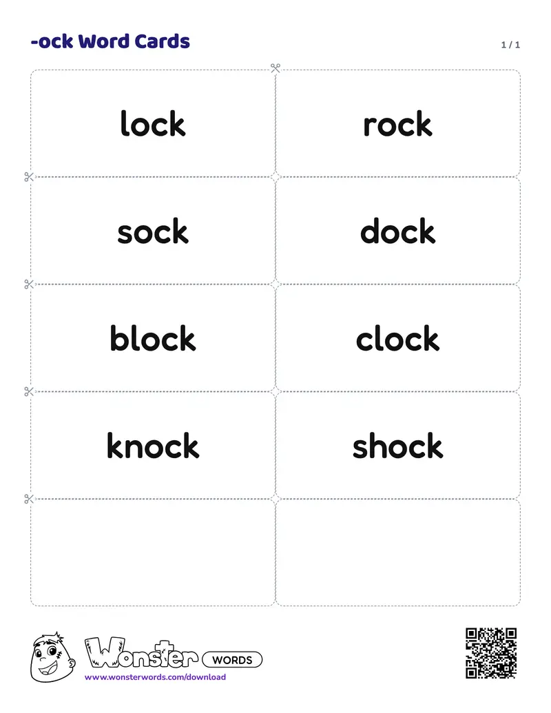The -ock Word Cards worksheet: 8 cards