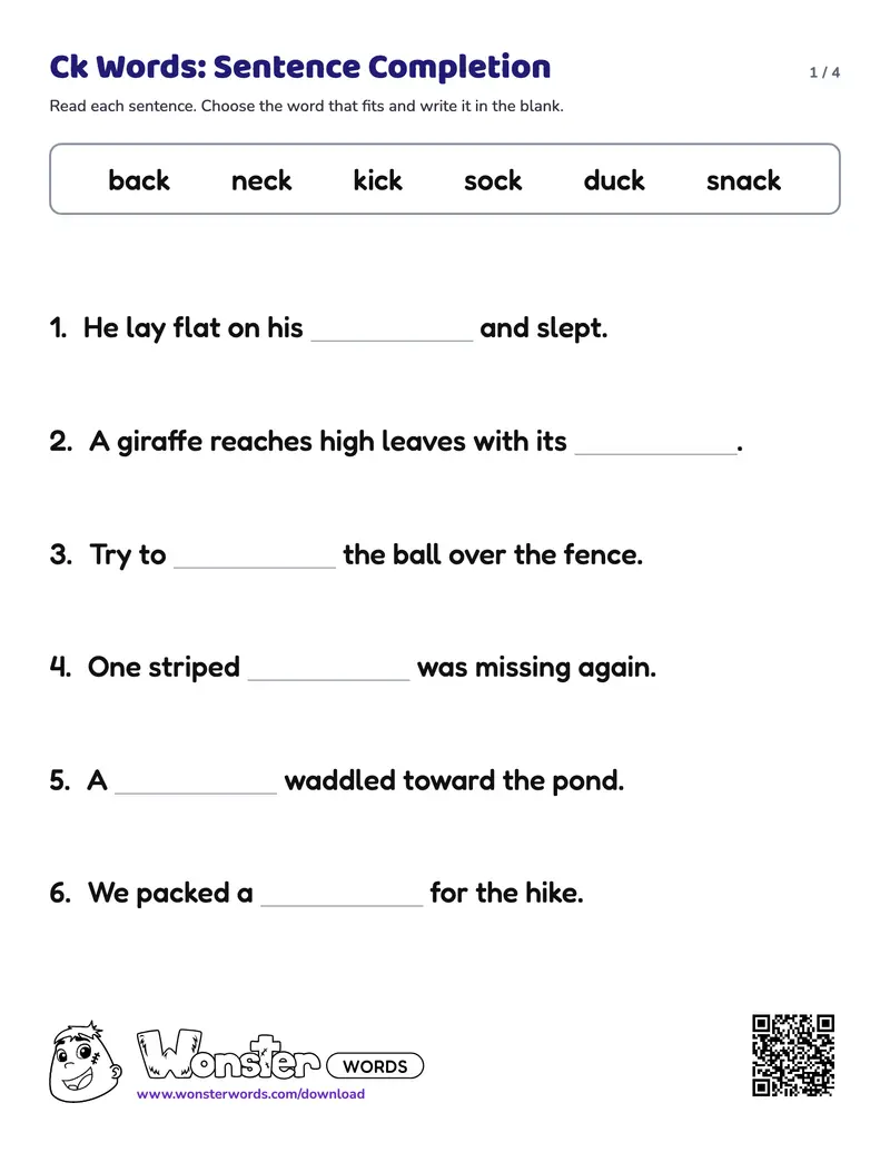 Page 1 of the Ck Words: Sentence Completion worksheet (4 pages): 12 sentences, answer key included