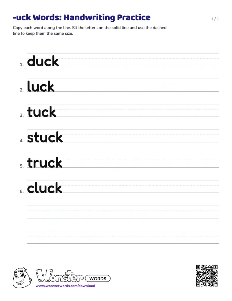 The -uck Words: Handwriting Practice worksheet: 6 words