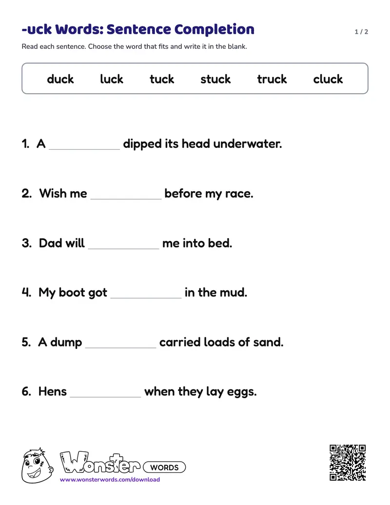 Page 1 of the -uck Words: Sentence Completion worksheet (2 pages): 6 sentences, answer key included