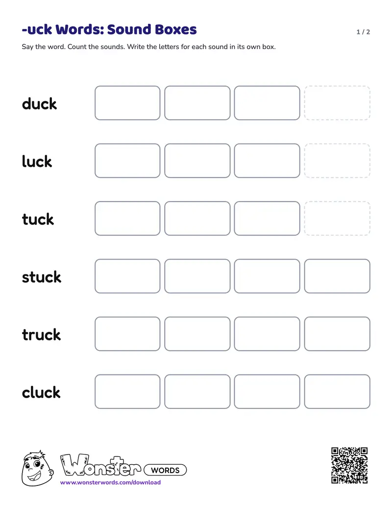 Page 1 of the -uck Words: Sound Boxes worksheet (2 pages): 6 words, answer key included