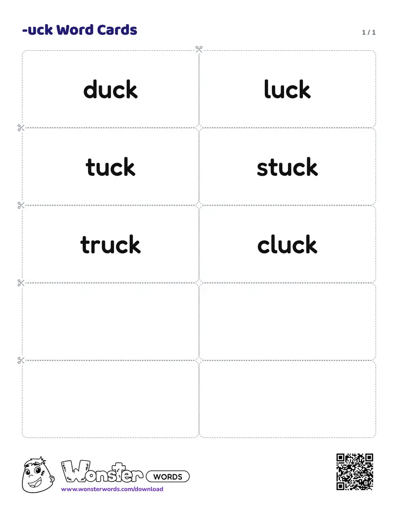 The -uck Word Cards worksheet: 6 cards