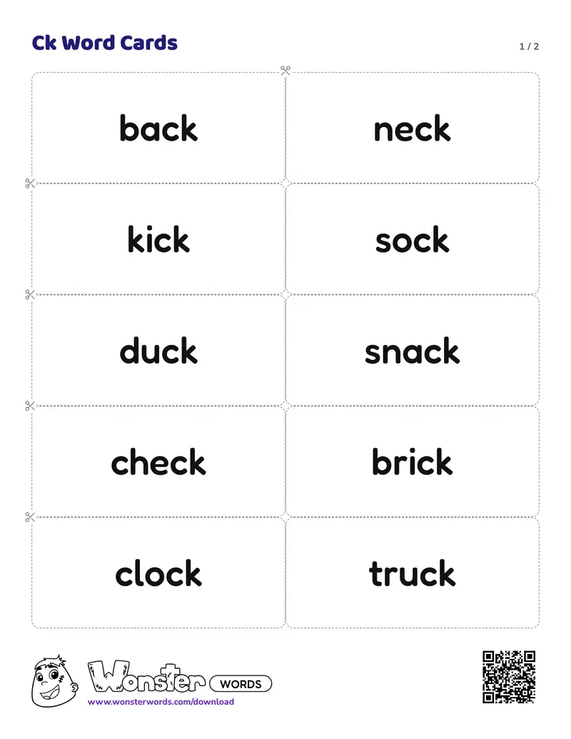Page 1 of the Ck Word Cards worksheet (2 pages): 12 cards