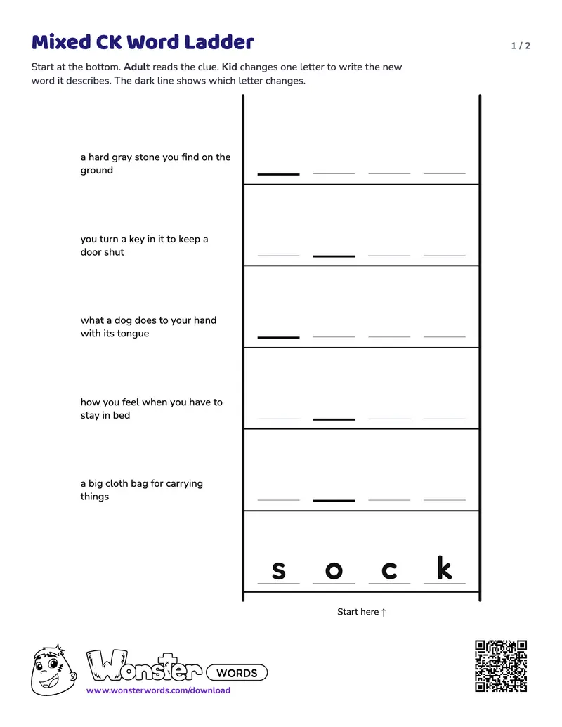 Page 1 of the Mixed CK Word Ladder worksheet (2 pages): 6 rungs, answer key included