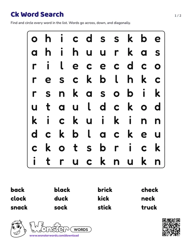 Page 1 of the Ck Word Search worksheet (2 pages): 12 words, answer key included