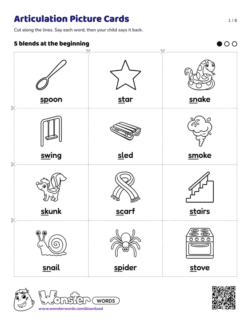 Page 1 of the Articulation Picture Cards worksheet (8 pages): 57 cards for S blends, L blends and R blends