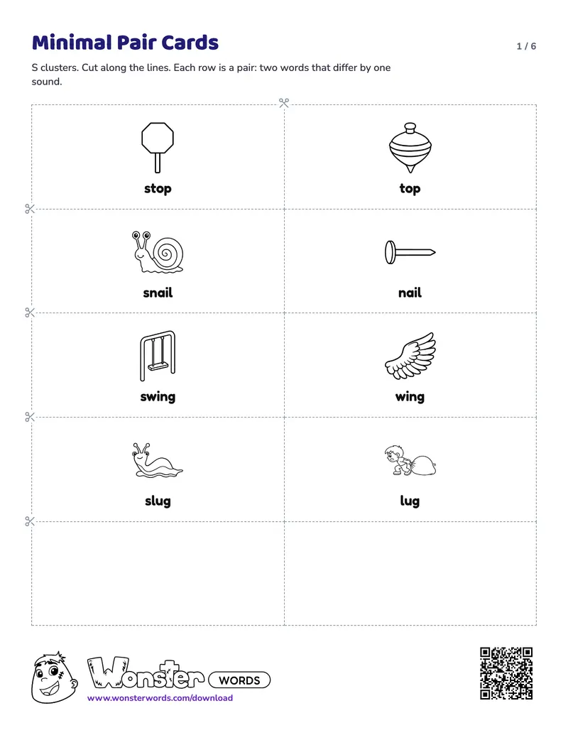 Page 1 of the Minimal Pair Cards worksheet (6 pages): 17 pairs
