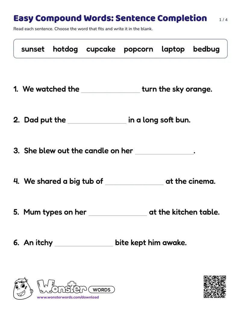 Page 1 of the Easy Compound Words: Sentence Completion worksheet (4 pages): 8 sentences, answer key included