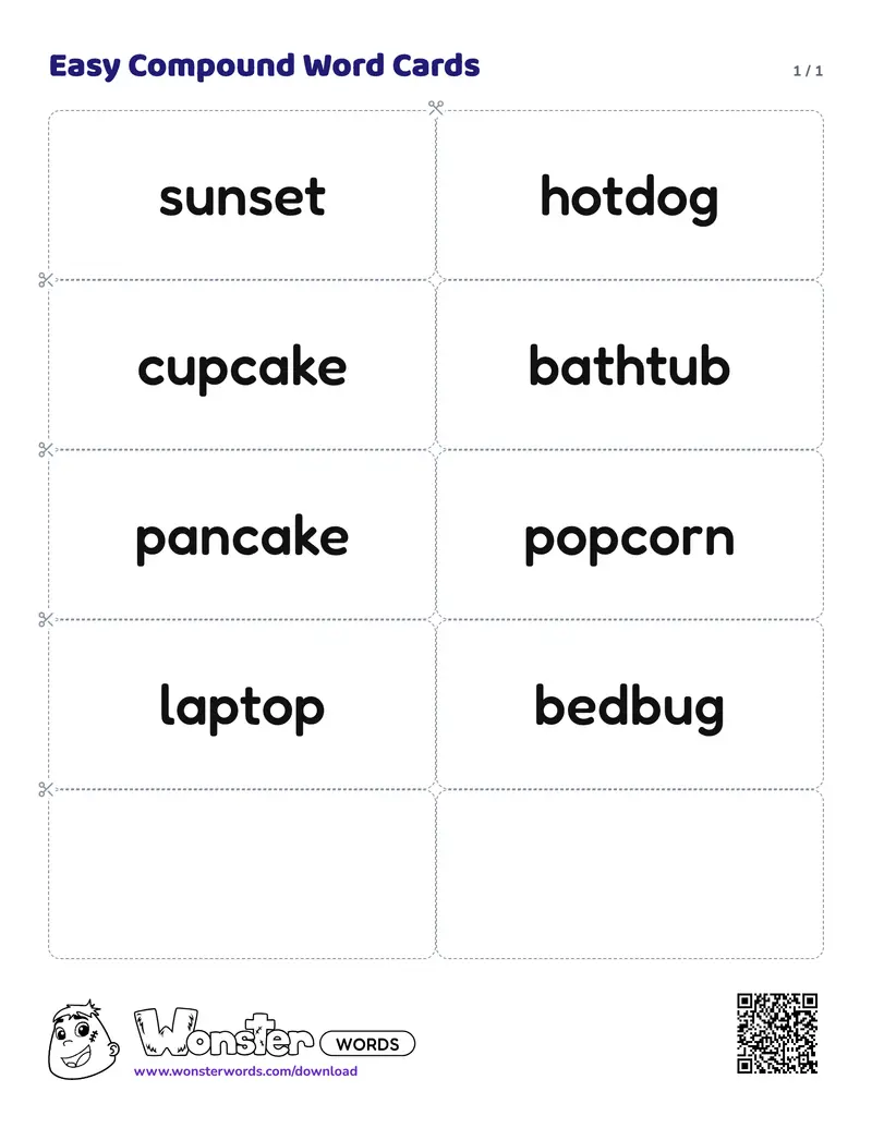 The Easy Compound Word Cards worksheet: 8 cards