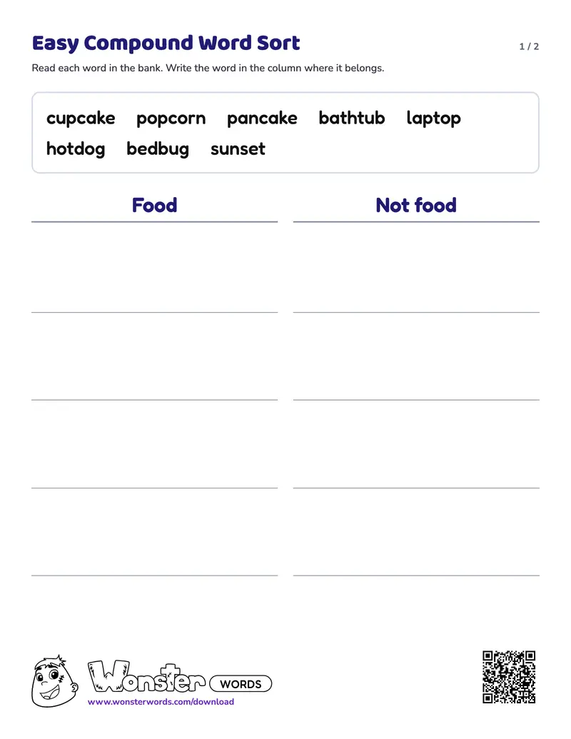 Page 1 of the Easy Compound Word Sort worksheet (2 pages): 8 words, answer key included
