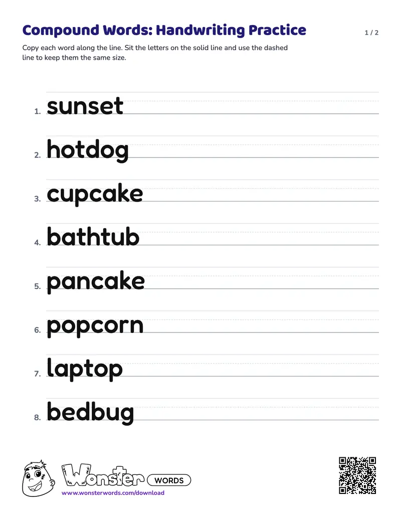 Page 1 of the Compound Words: Handwriting Practice worksheet (2 pages): 16 words
