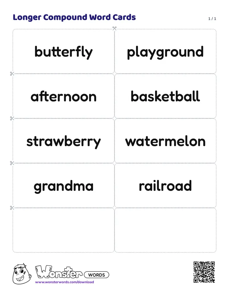 The Longer Compound Word Cards worksheet: 8 cards