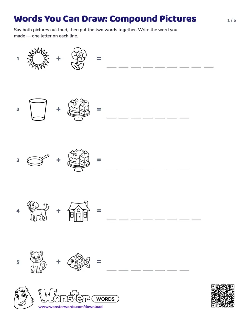 Page 1 of the Words You Can Draw: Compound Pictures worksheet (5 pages): 20 words, answer key included