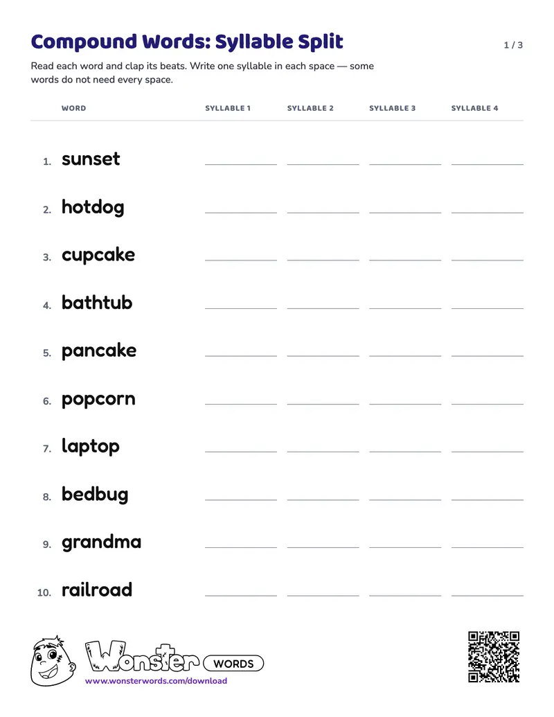 Page 1 of the Compound Words: Syllable Split worksheet (3 pages): 16 words, answer key included