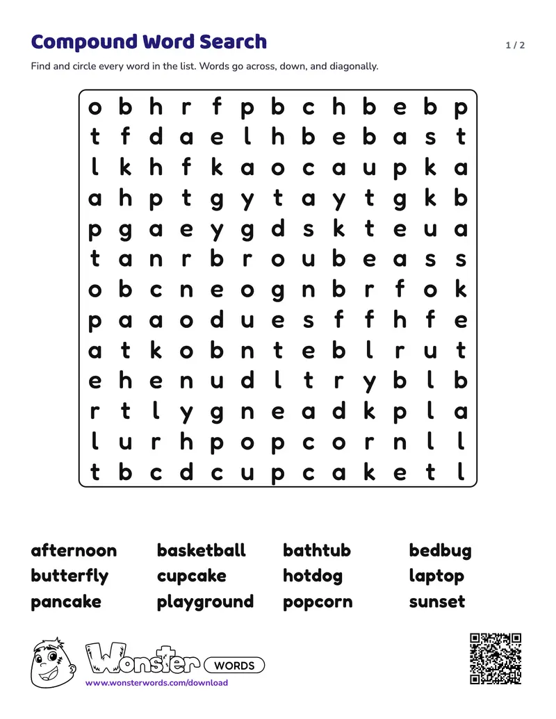 Page 1 of the Compound Word Search worksheet (2 pages): 12 words, answer key included