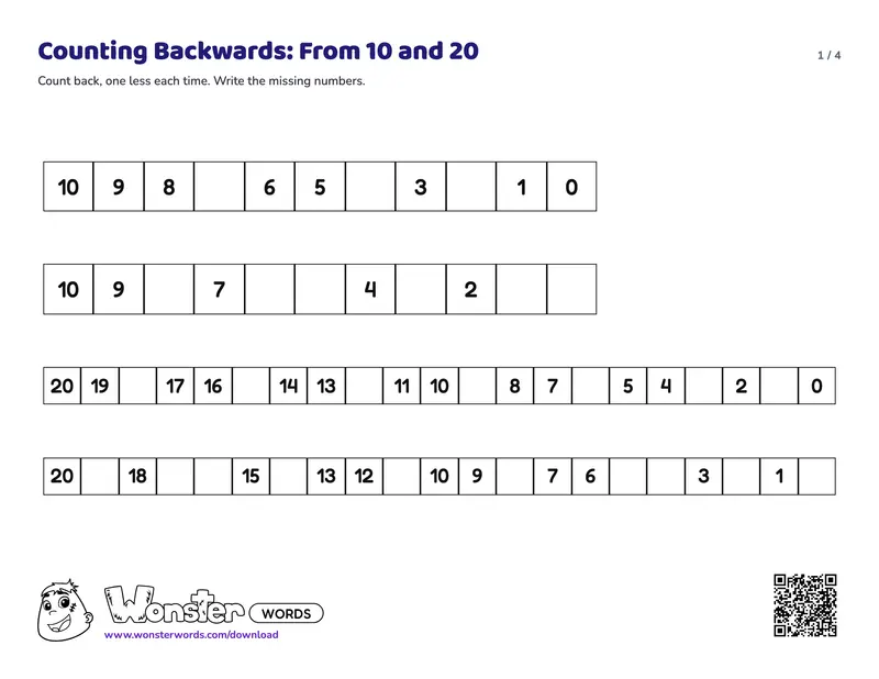 Page 1 of the Counting Backwards worksheet (5 pages): 64 missing numbers, answer key included