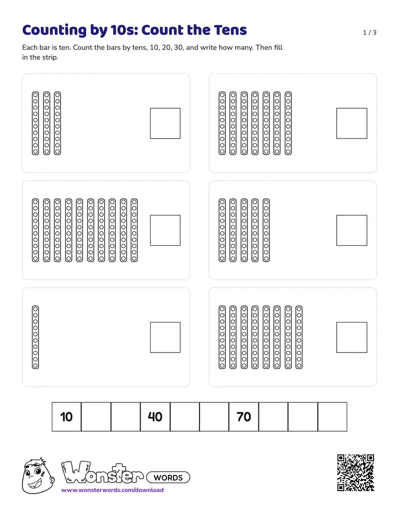 Page 1 of the Counting by 10s worksheet (7 pages): 64 numbers to write, answer key included