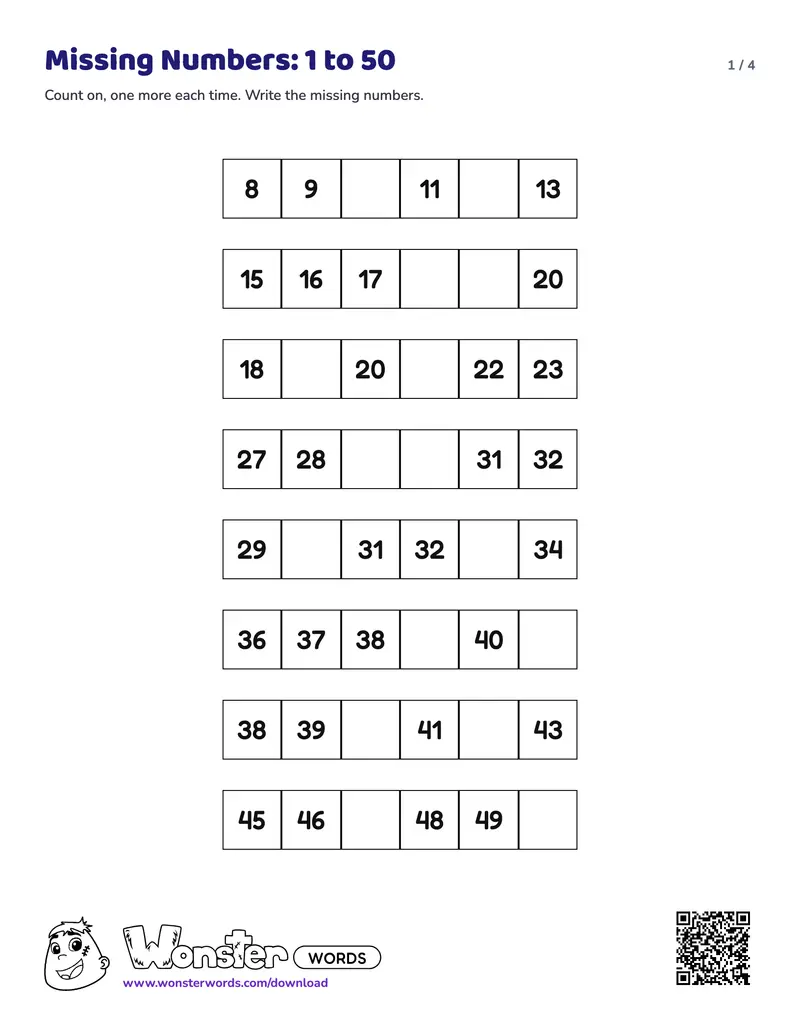 Page 1 of the Missing Numbers to 120 worksheet (5 pages): 48 missing numbers, answer key included