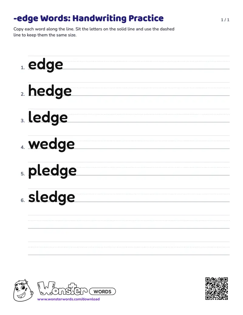 The -edge Words: Handwriting Practice worksheet: 6 words