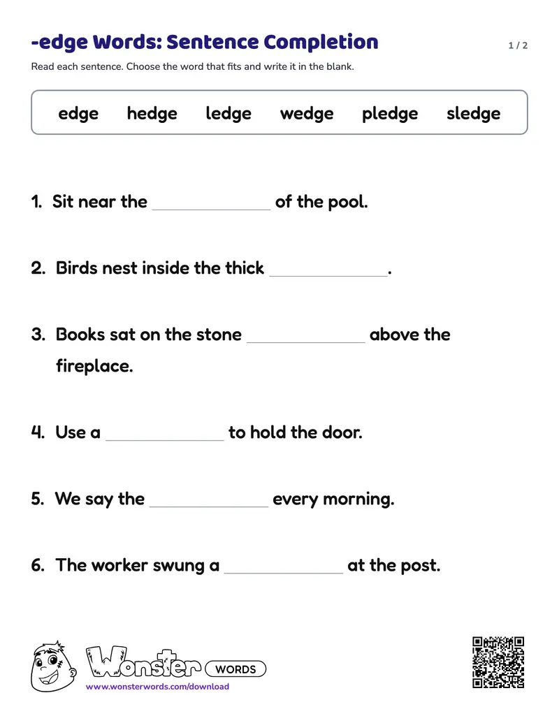 Page 1 of the -edge Words: Sentence Completion worksheet (2 pages): 6 sentences, answer key included