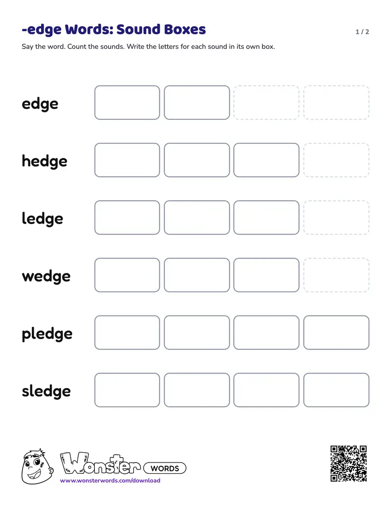 Page 1 of the -edge Words: Sound Boxes worksheet (2 pages): 6 words, answer key included