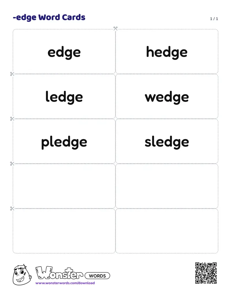 The -edge Word Cards worksheet: 6 cards