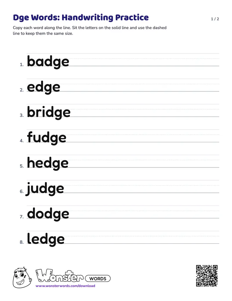 Page 1 of the Dge Words: Handwriting Practice worksheet (2 pages): 12 words