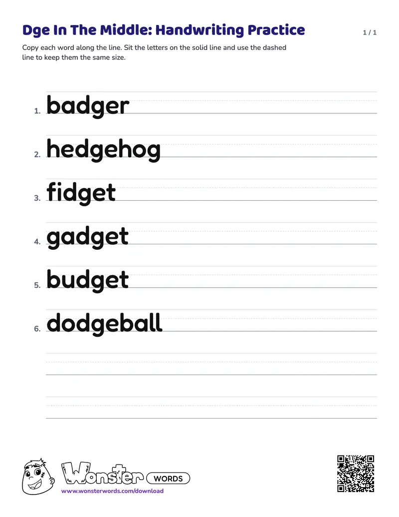 The Dge In The Middle: Handwriting Practice worksheet: 6 words