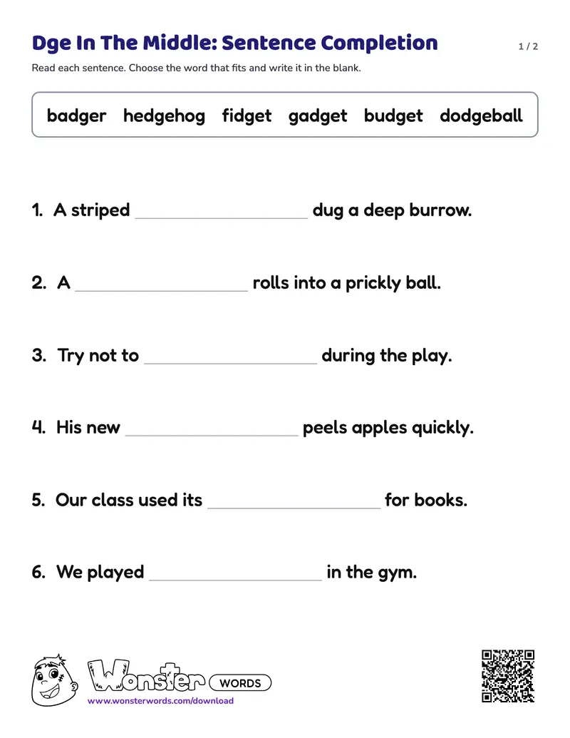 Page 1 of the Dge In The Middle: Sentence Completion worksheet (2 pages): 6 sentences, answer key included