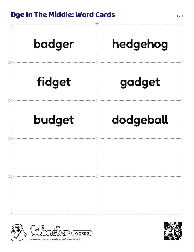 The Dge In The Middle: Word Cards worksheet: 6 cards