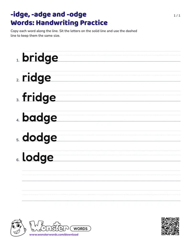 The -idge, -adge and -odge Words: Handwriting Practice worksheet: 6 words