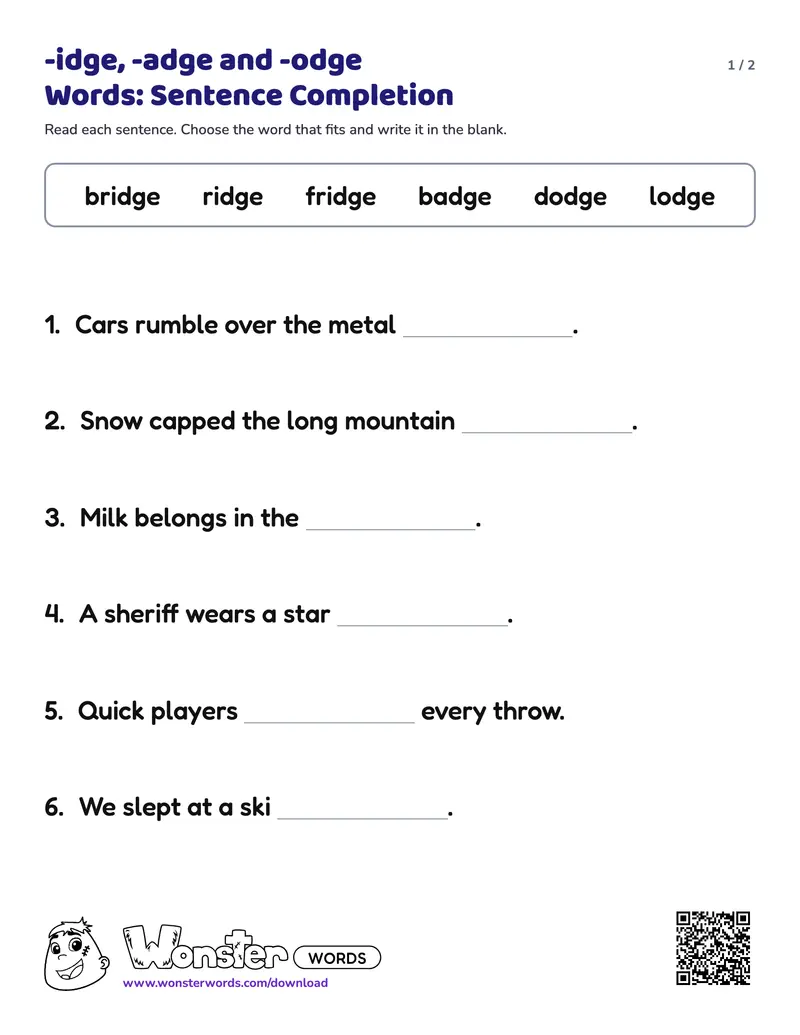 Page 1 of the -idge, -adge and -odge Words: Sentence Completion worksheet (2 pages): 6 sentences, answer key included