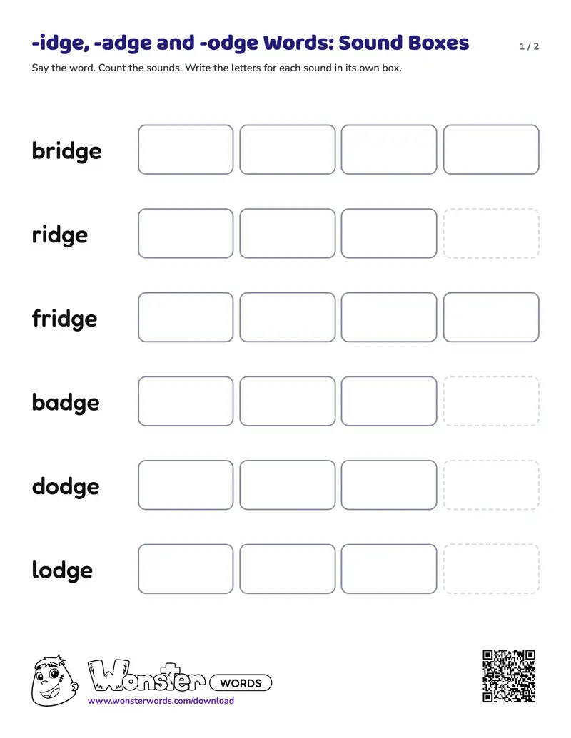 Page 1 of the -idge, -adge and -odge Words: Sound Boxes worksheet (2 pages): 6 words, answer key included