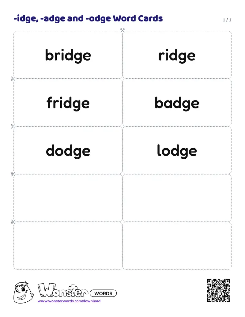 The -idge, -adge and -odge Word Cards worksheet: 6 cards