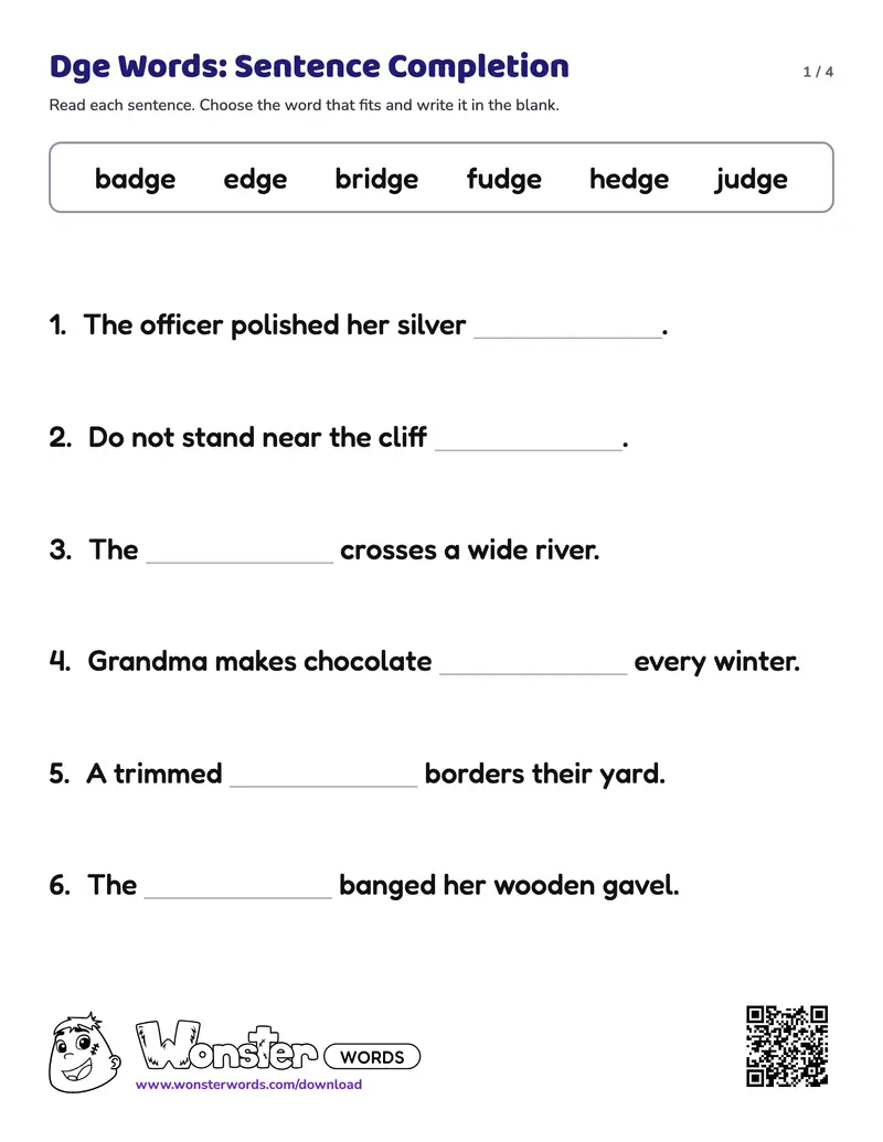 Page 1 of the Dge Words: Sentence Completion worksheet (4 pages): 12 sentences, answer key included