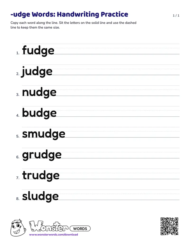 The -udge Words: Handwriting Practice worksheet: 8 words