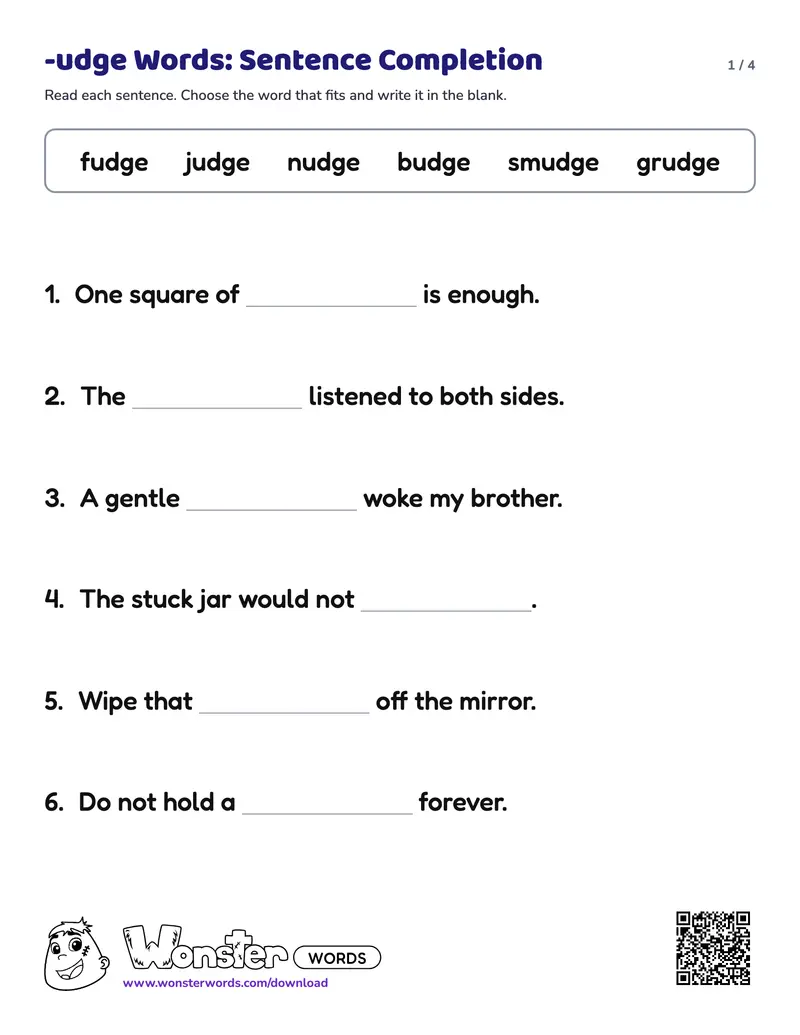 Page 1 of the -udge Words: Sentence Completion worksheet (4 pages): 8 sentences, answer key included