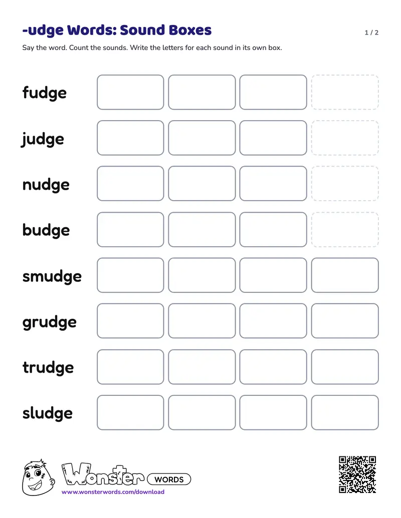 Page 1 of the -udge Words: Sound Boxes worksheet (2 pages): 8 words, answer key included