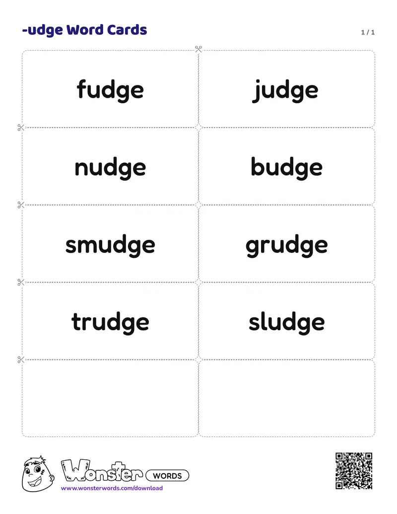 The -udge Word Cards worksheet: 8 cards
