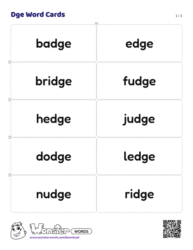 Page 1 of the Dge Word Cards worksheet (2 pages): 12 cards