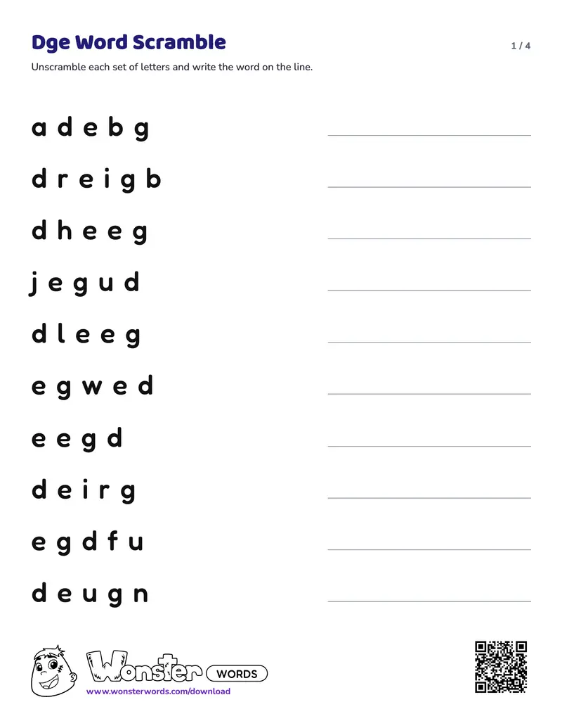Page 1 of the Dge Word Scramble worksheet (4 pages): 12 words, answer key included