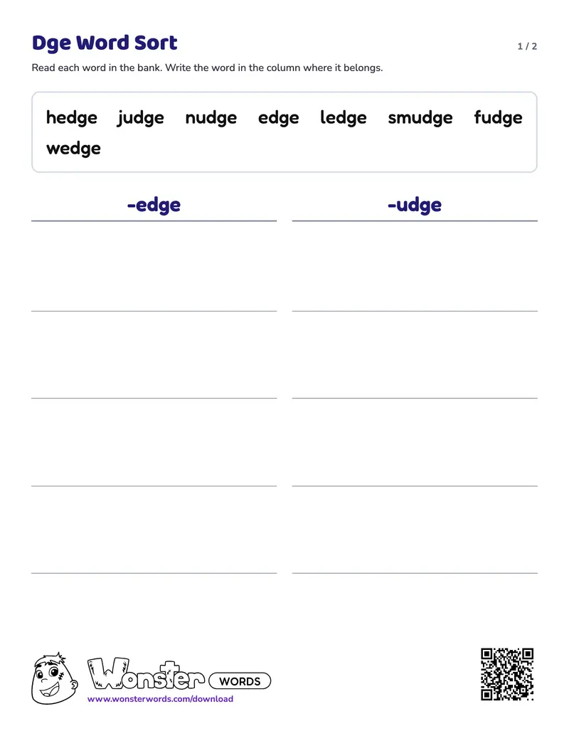 Page 1 of the Dge Word Sort worksheet (2 pages): 8 words, answer key included