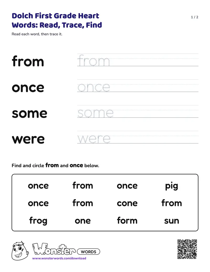 Page 1 of the Dolch First Grade Heart Words: Read, Trace, Find worksheet (2 pages): 4 words, answer key included